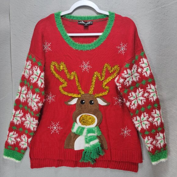Ugly Christmas Sweater Unisex L Reindeer 3D Rhinestone Tinsel Fur Knit Holiday - Picture 1 of 16